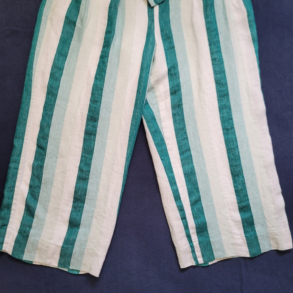 J.CREW Paper Bag Linen Pant In Cabana Stripe Women's Size10 Turquoise Jade White - Picture 4 of 16